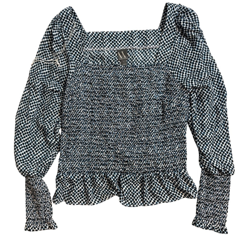 NWT Worthington Womens Blue Black  Dot Smocked Peplum Puff Sleeve Top Large